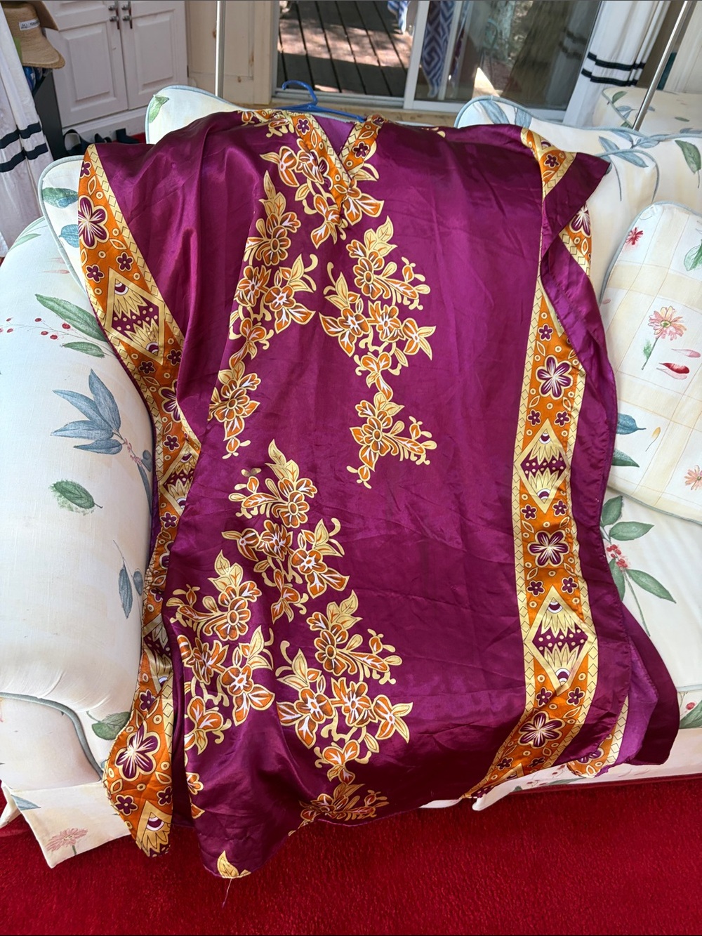 Women's Maxi Caftan Dress in Burgundy with Gold Floral Print - Picture 6 of 7